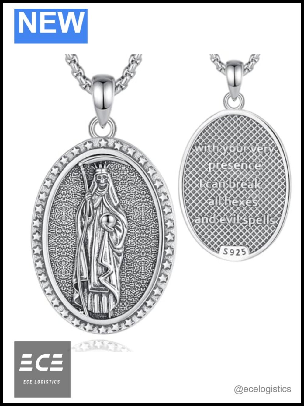 925 Sterling Silver Santa Muerte Pendant Necklace Grim Reaper 24" Box Chain